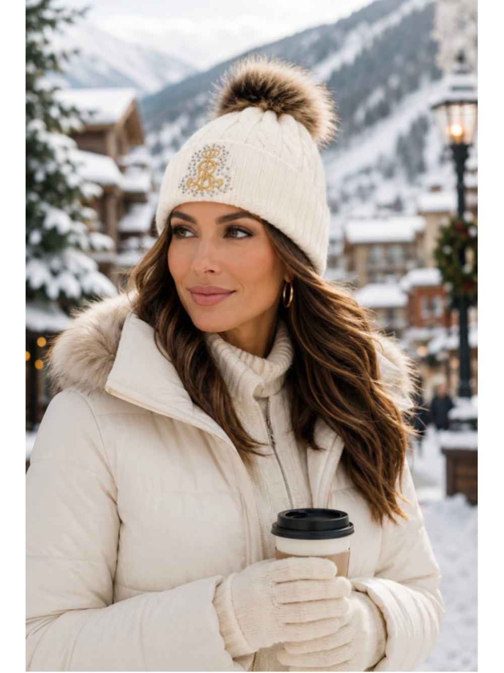 Lauren Ralph Lauren Rhinestone Logo Cable Knit Faux Fur Pom Beanie Ivory One Siz